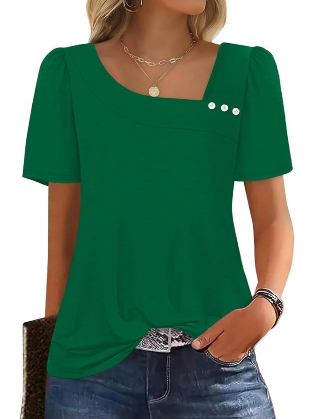 Women's Green Square Neck Blouse Summer Casual Short Sleeve Outfit Spring Top